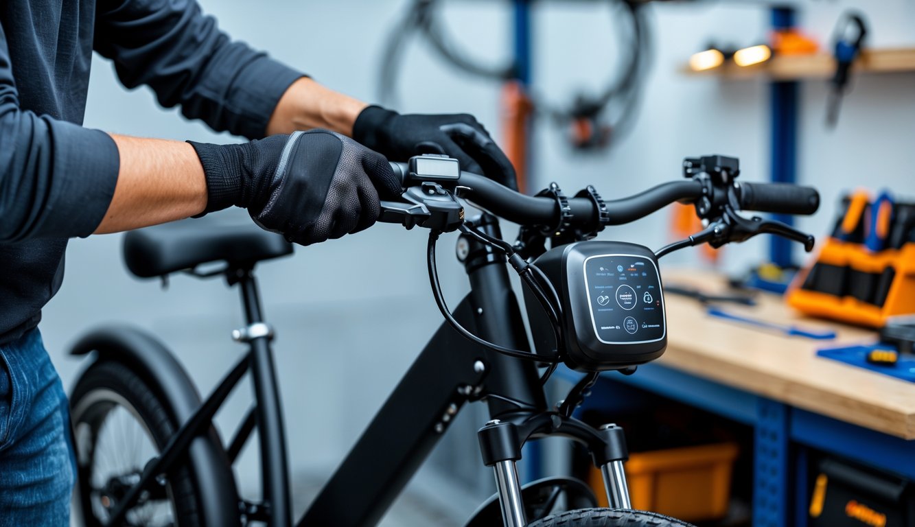 How to Remove Your E-Bikeโs Speed Limit Safely (and Legally) Person wearing gloves inspecting the control panel of an electric bike in a workshop with tools nearby.