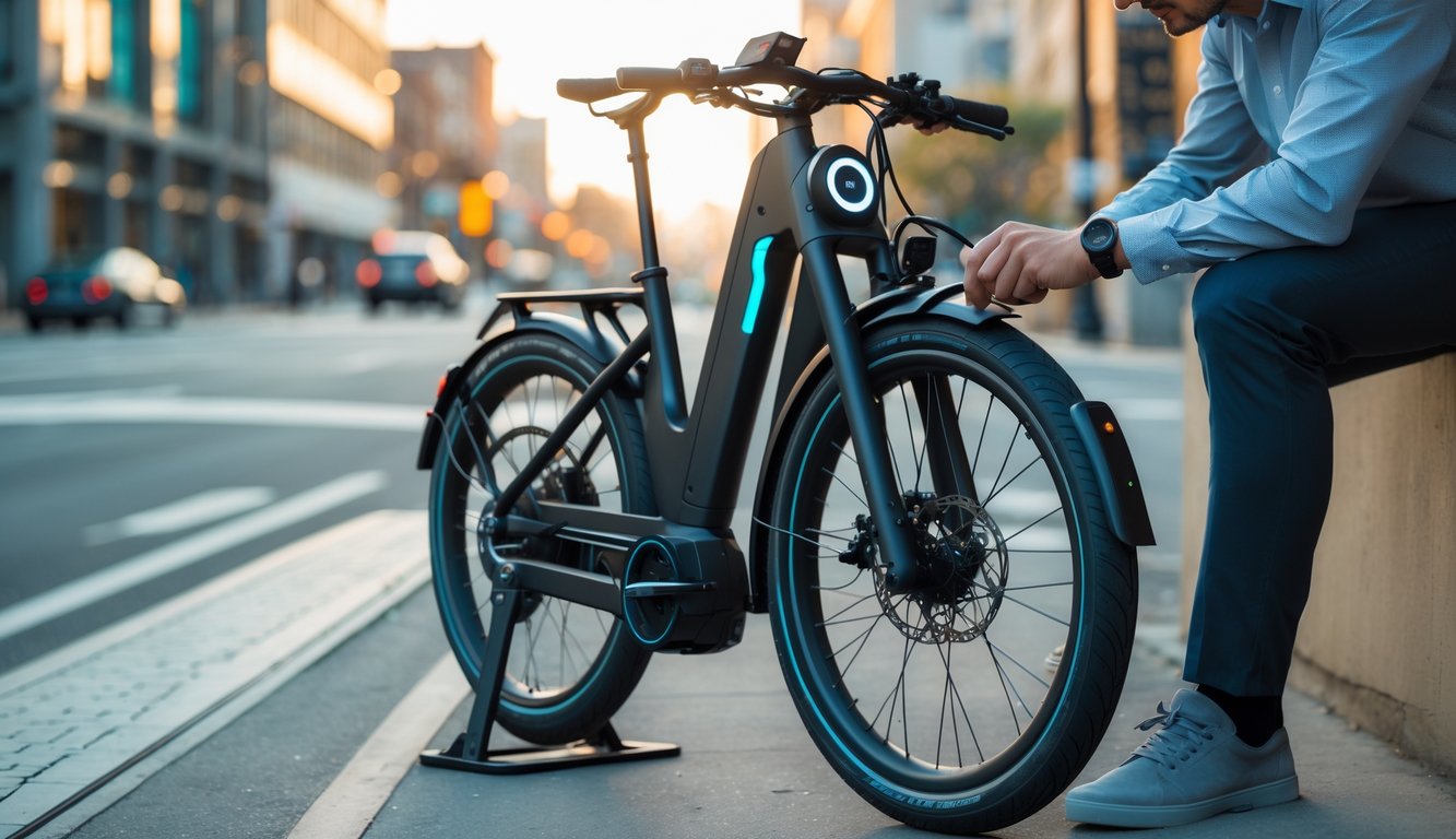 How to Remove Your E-Bikeโs Speed Limit Safely (and Legally) A person examining the control panel of a modern electric bike parked on a city street.