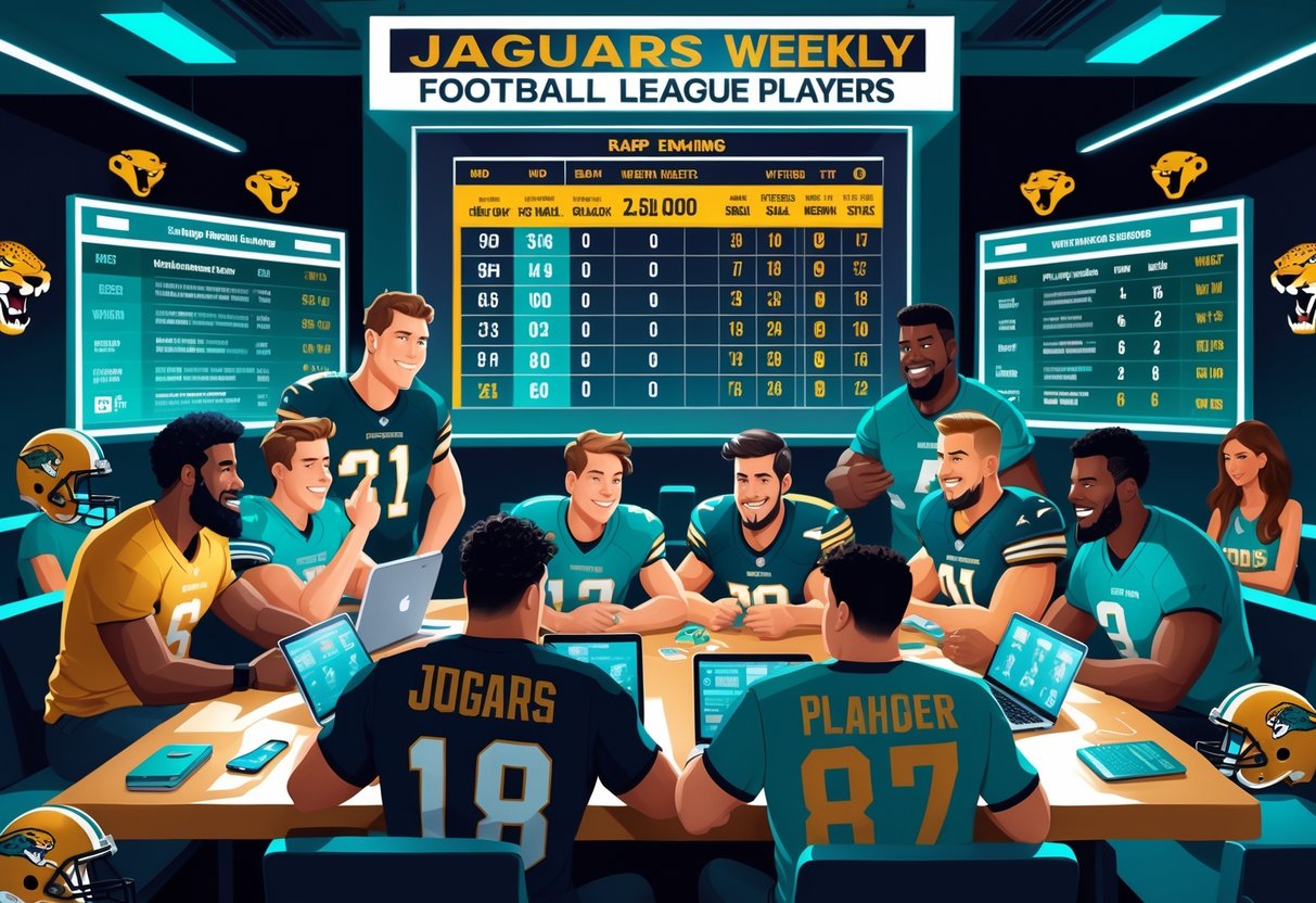 Sekelompok pemain berkumpul di ruang olahraga modern sambil berdiskusi dan melihat papan skor digital yang menampilkan statistik dan peringkat pemain dalam liga fantasi sepak bola.