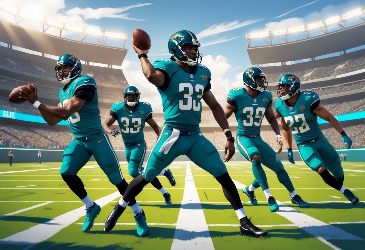 Beberapa pemain utama Jacksonville Jaguars sedang bermain sepak bola di lapangan dengan penonton di stadion.