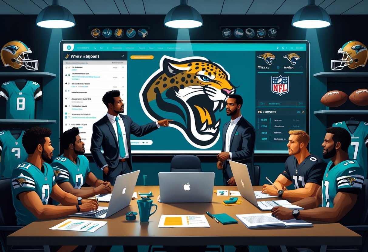Sekelompok orang sedang merencanakan tim fantasy football dengan papan draft dan logo Jacksonville Jaguars di ruang konferensi modern.