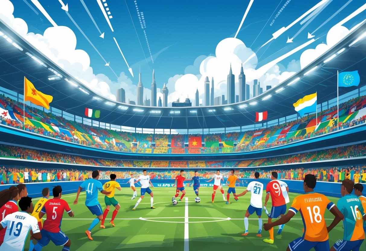 Stadion sepak bola yang ramai dengan para pemain dan penonton dari berbagai negara, dikelilingi oleh landmark terkenal dari seluruh dunia.