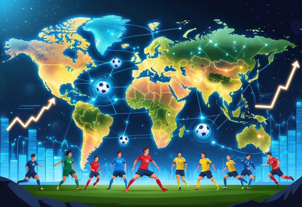 Peta dunia dengan stadion sepak bola yang terhubung dan pemain sepak bola dari berbagai budaya sedang beraksi, menggambarkan pertumbuhan dan transformasi liga sepak bola secara global.