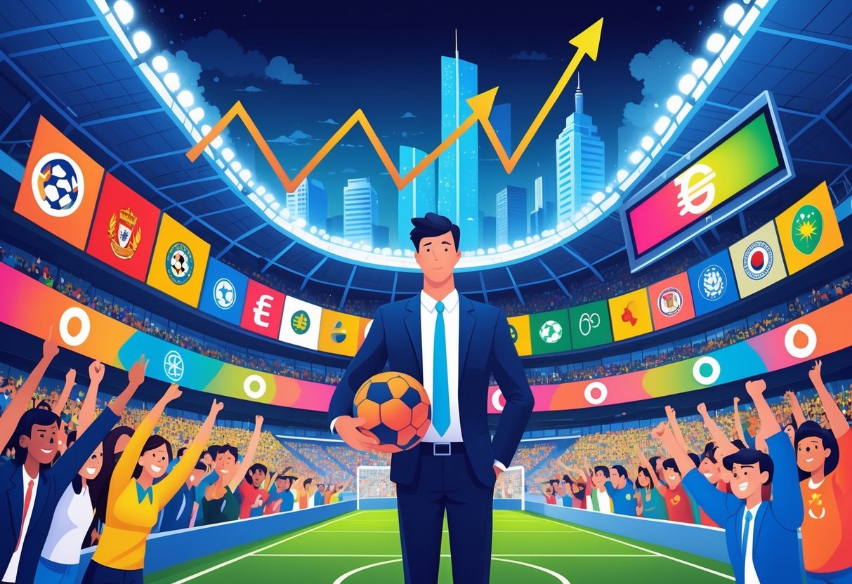 Ilustrasi stadion sepak bola modern dengan penonton ramai, seorang pebisnis memegang bola, grafik pertumbuhan ekonomi, dan landmark dunia di latar belakang.