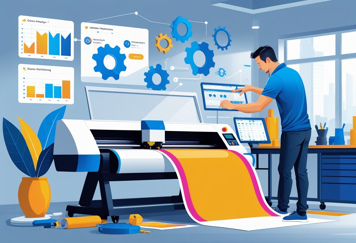 Een technicus optimaliseert een snijplotter in een goed georganiseerde werkplaats terwijl de machine een vinylvel snijdt.