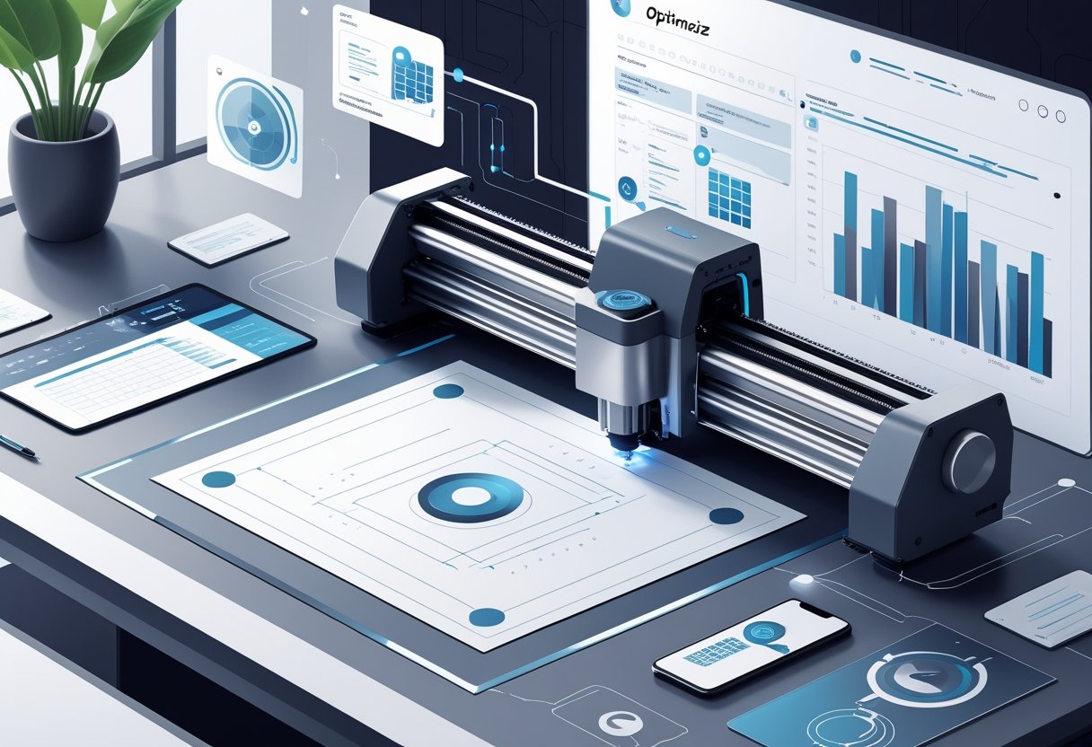 Een snijplotter die een ontwerp uit een materiaal snijdt, omgeven door digitale elementen die workflow en softwareoptimalisatie weergeven.