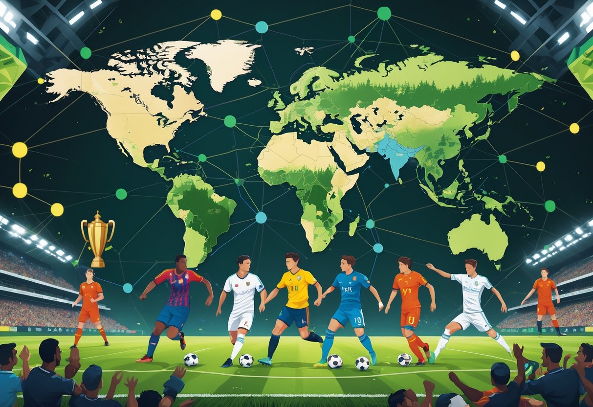 Peta dunia dengan pemain sepak bola dari berbagai negara bermain di depan, dikelilingi oleh trofi, bola, stadion, dan suporter yang bersorak.