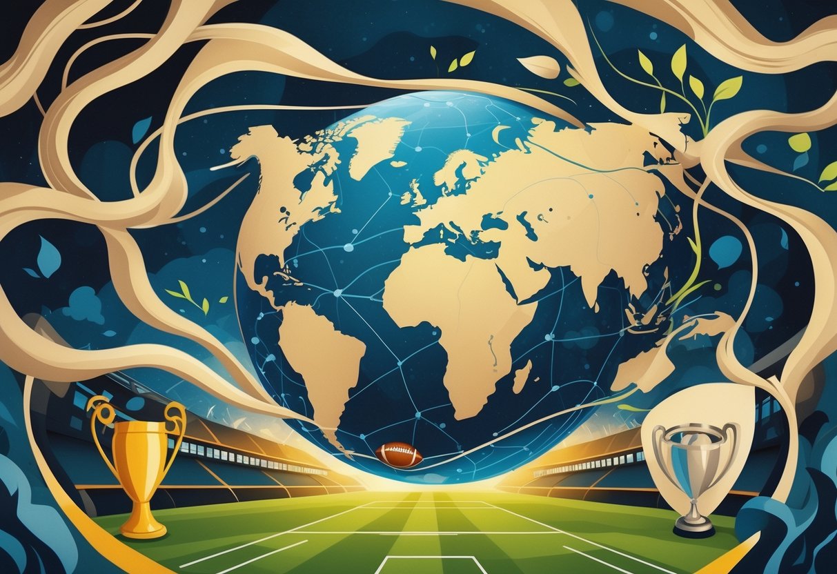 Ilustrasi bola dunia dengan pola sepak bola di tengah, dikelilingi oleh garis-garis yang mengalir dan siluet pemain sepak bola, stadion, serta trofi yang melambangkan perkembangan dan semangat kompetisi liga sepak bola di seluruh dunia.