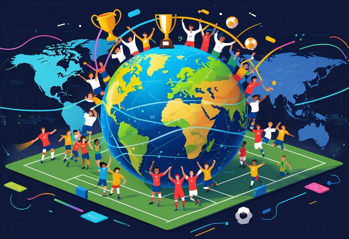 Ilustrasi bola dunia dengan stadion sepak bola, pemain dari berbagai tim, dan penggemar yang merayakan, menggambarkan pengaruh global dan transformasi liga sepak bola.