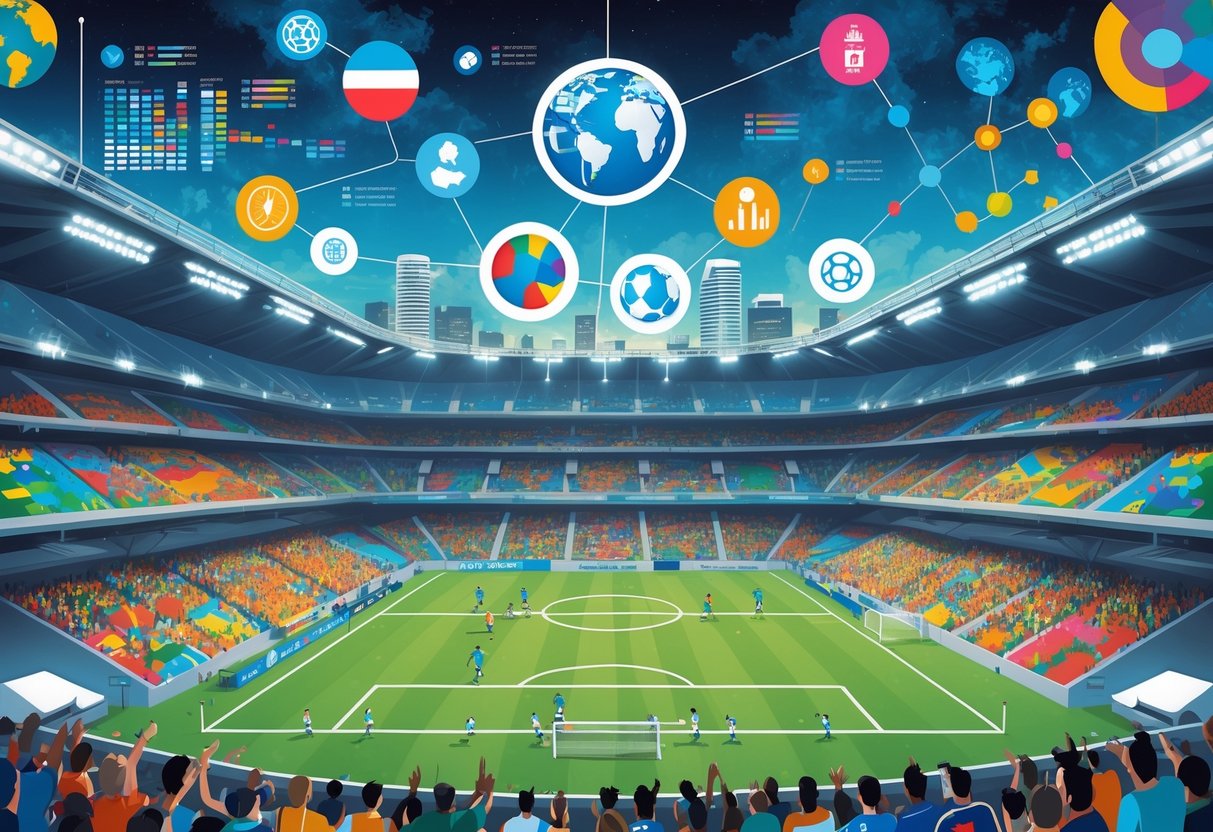 Stadion sepak bola besar dengan penonton bersemangat dari berbagai latar belakang, pemain sedang bermain di lapangan, dan latar belakang menampilkan pemandangan kota dari berbagai benua.