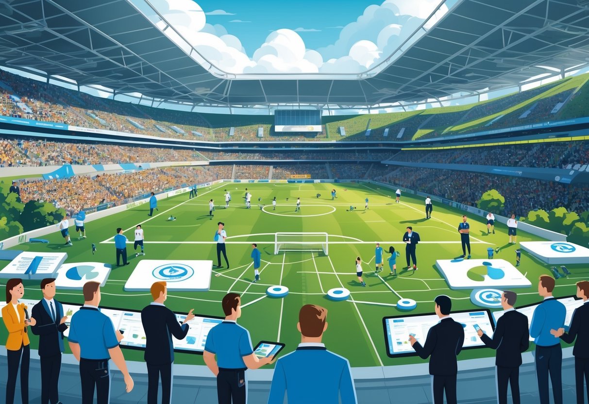 Ilustrasi menunjukkan stadion sepak bola dengan berbagai orang seperti pemain, pelatih, wasit, pejabat liga, dan media yang terhubung dalam sebuah jaringan sosial dan organisasi liga sepak bola.