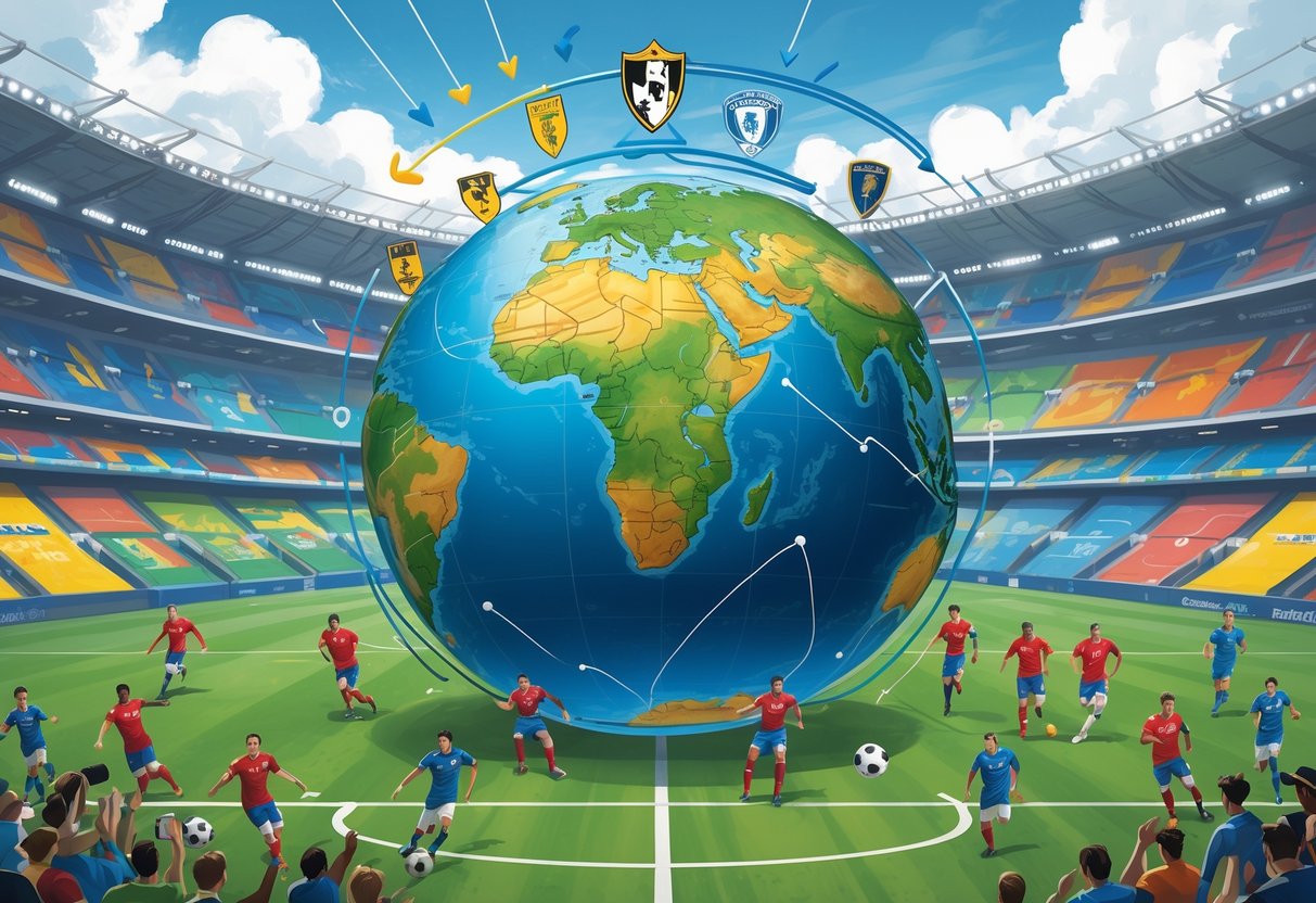 Ilustrasi bola dunia dikelilingi stadion sepak bola dan pemain yang sedang bermain, menggambarkan kompetisi liga sepak bola di seluruh dunia.