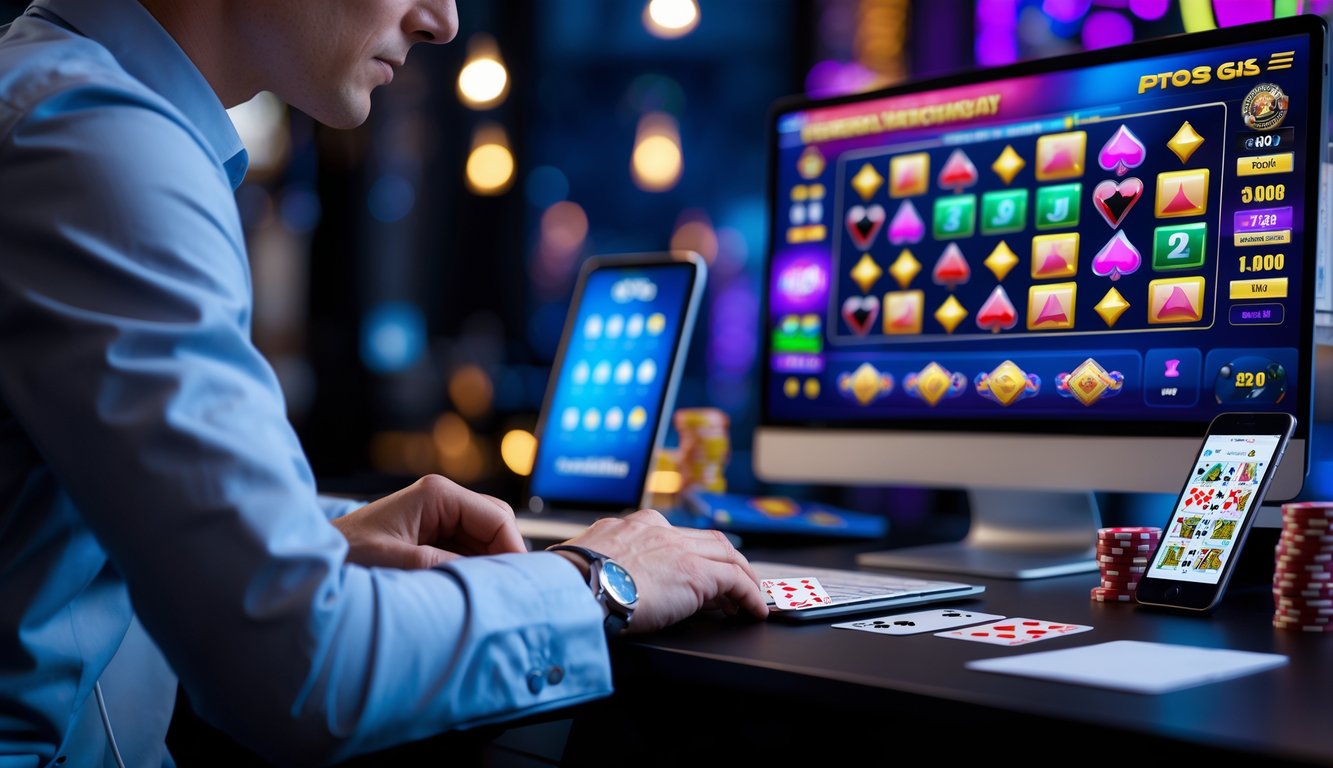 Seseorang duduk di depan laptop yang menampilkan permainan kasino online dengan suasana fokus dan profesional.