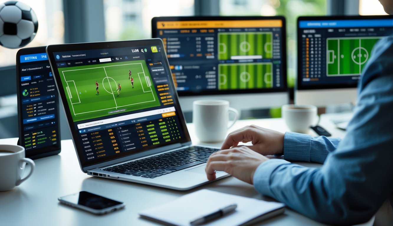 Seseorang menggunakan laptop dengan tampilan statistik pertandingan sepak bola secara langsung di meja kerja yang rapi.