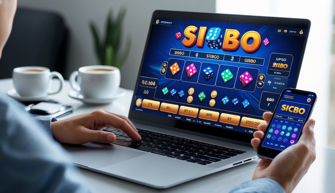 Orang bermain judi Sicbo online menggunakan laptop dan ponsel di meja kerja dengan suasana fokus dan rapi.