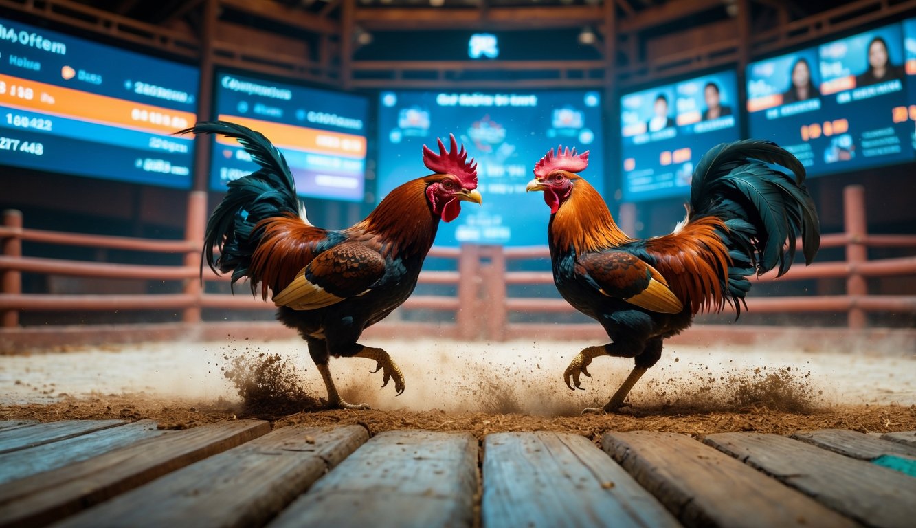 Dua ayam jago sedang bertarung di arena kayu dengan layar digital menampilkan siaran langsung dan interaksi online di latar belakang.