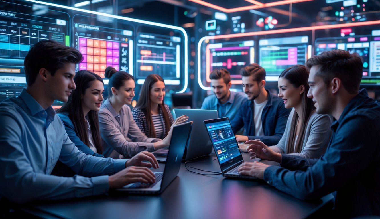Beberapa orang muda sedang menggunakan perangkat digital di ruang kerja modern dengan layar-layar transparan yang menampilkan permainan dan grafik.