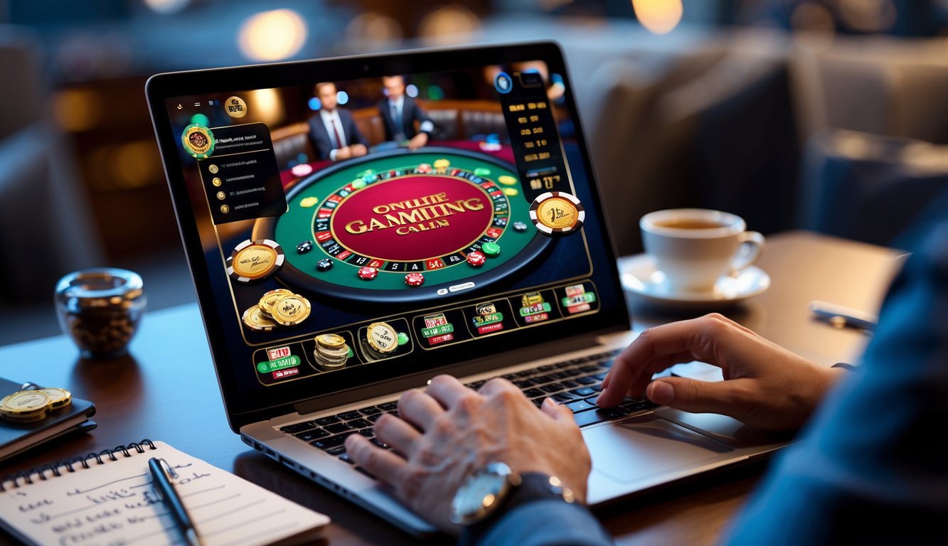 Seorang pemain sedang menggunakan laptop dengan tampilan meja kasino virtual penuh chip dan kartu, dikelilingi oleh catatan dan kopi.