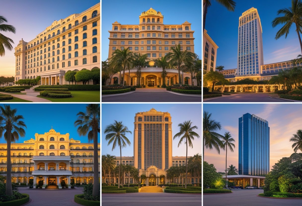 Collage de façades d’hôtels mythiques célèbres dans différents environnements, incluant un hôtel de style palais européen, une station balnéaire, un hôtel art déco historique et un gratte-ciel moderne.