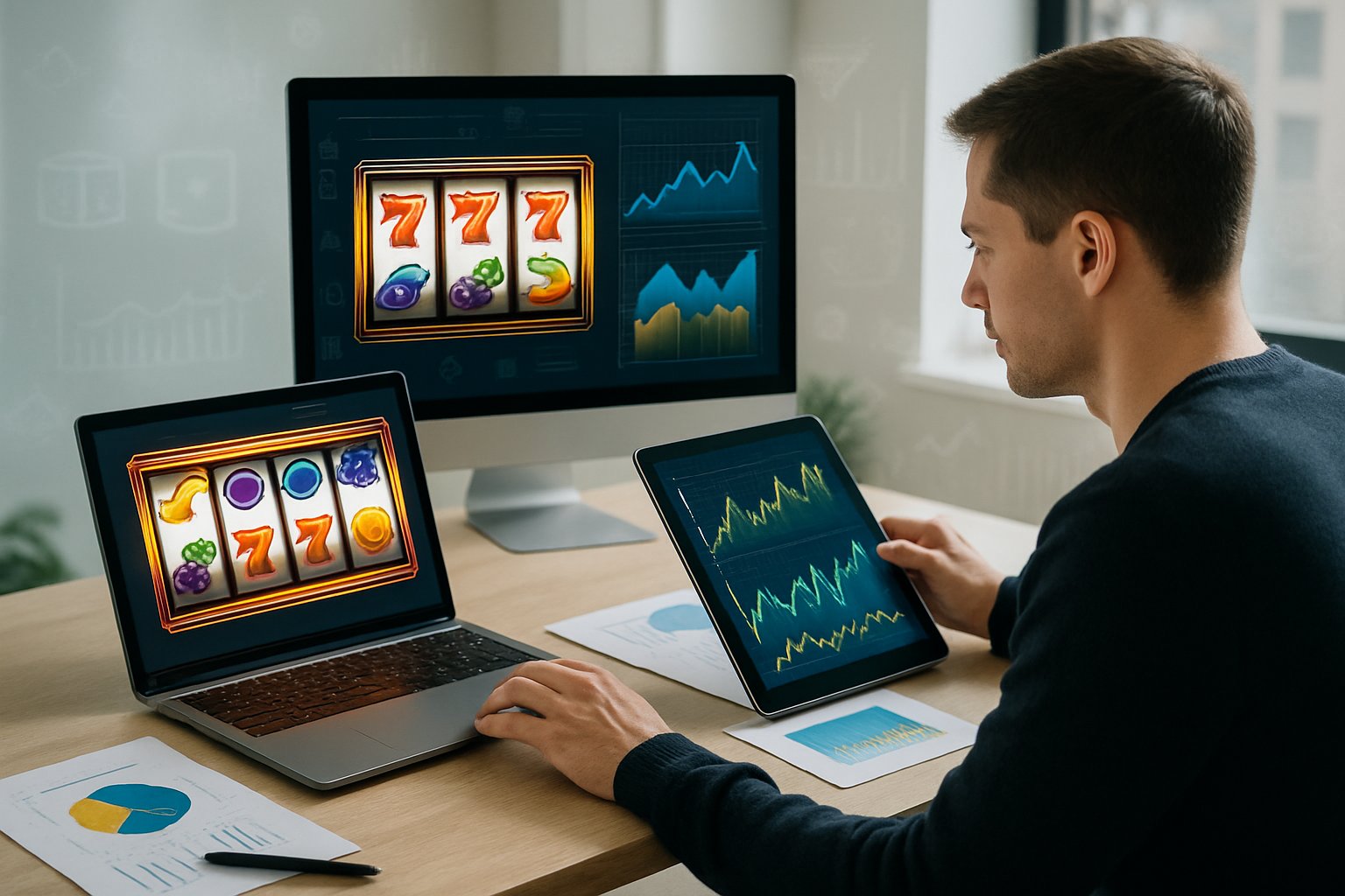 Seseorang sedang menganalisis grafik dan pola permainan slot di beberapa layar digital dalam ruangan kantor modern.