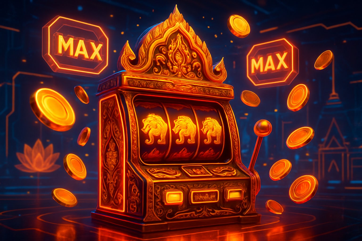 Mesin slot bertema Thailand dengan motif emas dan lampu neon, dikelilingi oleh koin berkilau dan elemen digital yang melambangkan kemenangan besar di kasino futuristik.