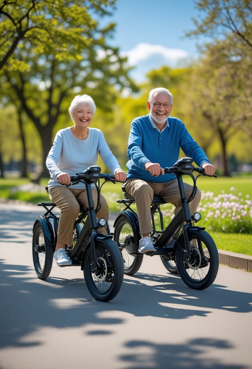 Two smiling senior adults riding electric tricycles on a paved path in a sunny park.