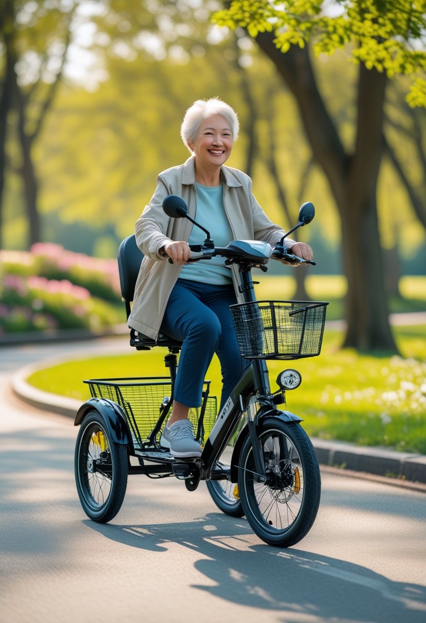 A senior woman riding an electric tricycle on a park path surrounded by trees and flowers.