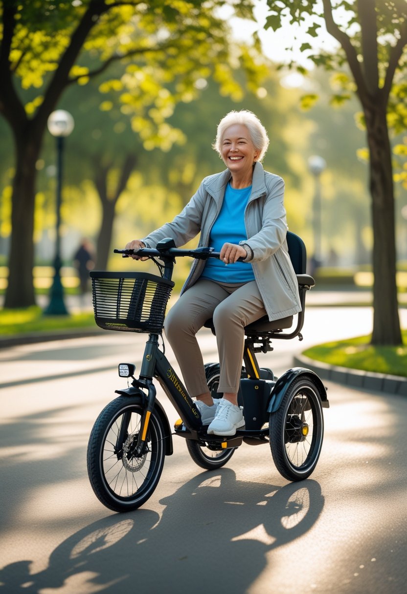 Senior woman riding an electric tricycle on a paved park path surrounded by green trees.