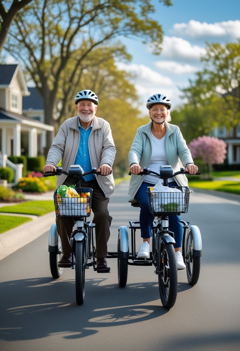 A senior man and woman riding electric tricycles on a sunny suburban street with trees and houses in the background.