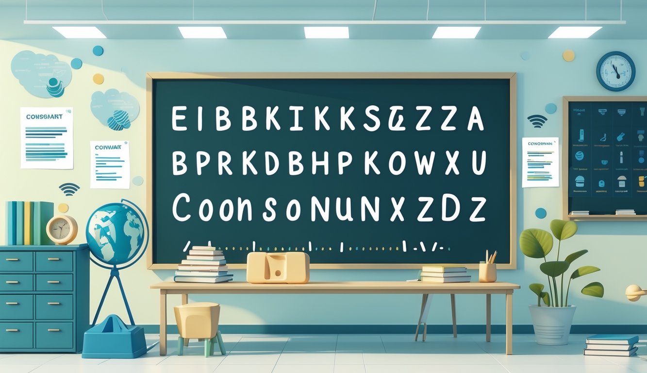Ilustracija učionice s pločom na kojoj su prikazani simboli koji predstavljaju suglasnike i zvukove govora.