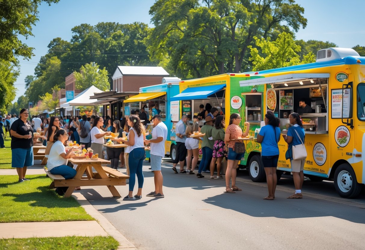 People enjoying a variety of food trucks on a sunny street in Tupelo, Mississippi, with colorful trucks and outdoor seating.