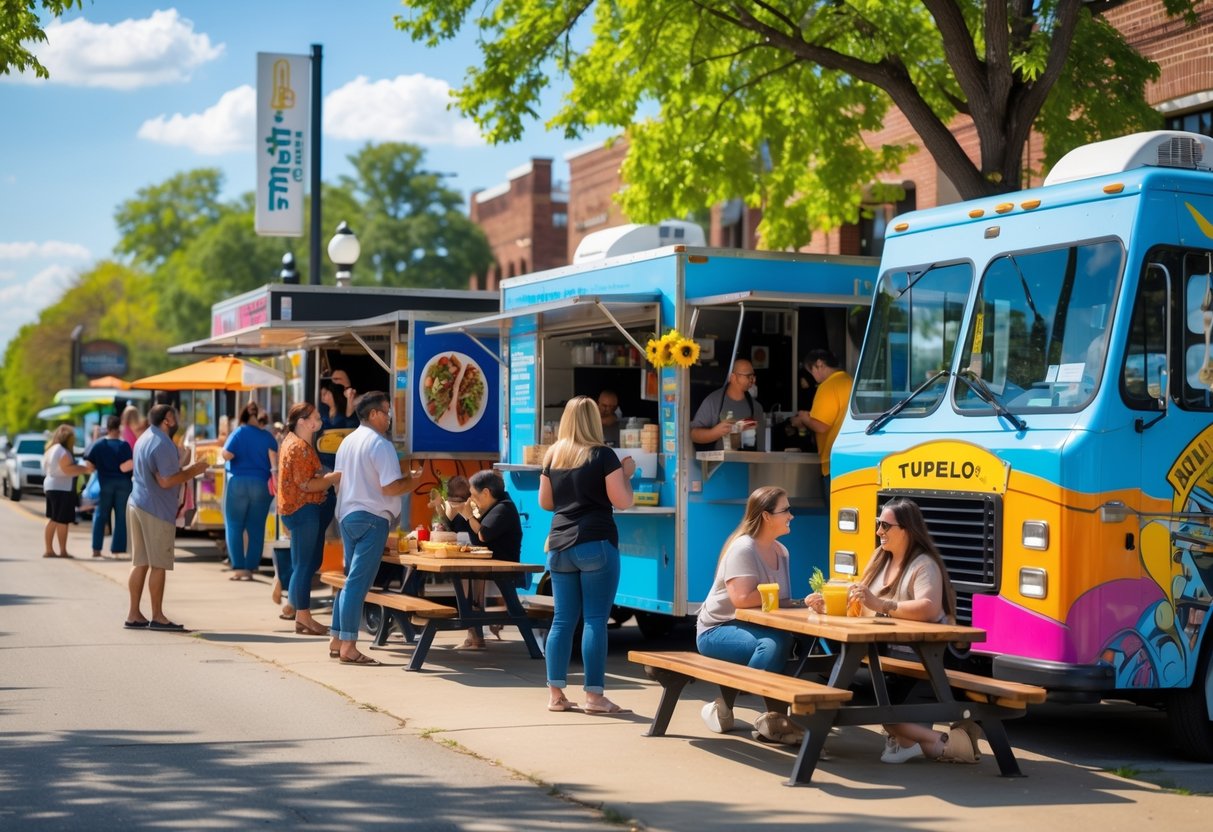 People enjoying food from colorful food trucks parked along a sunny street in Tupelo, Mississippi.