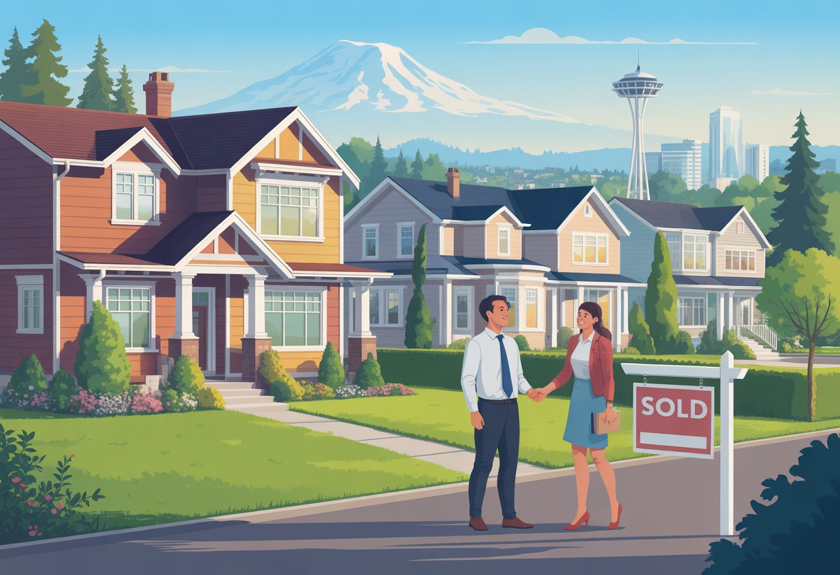A real estate agent shaking hands with a couple in front of a house with a sold sign, with Mount Rainier and Tacoma Dome visible in the background.