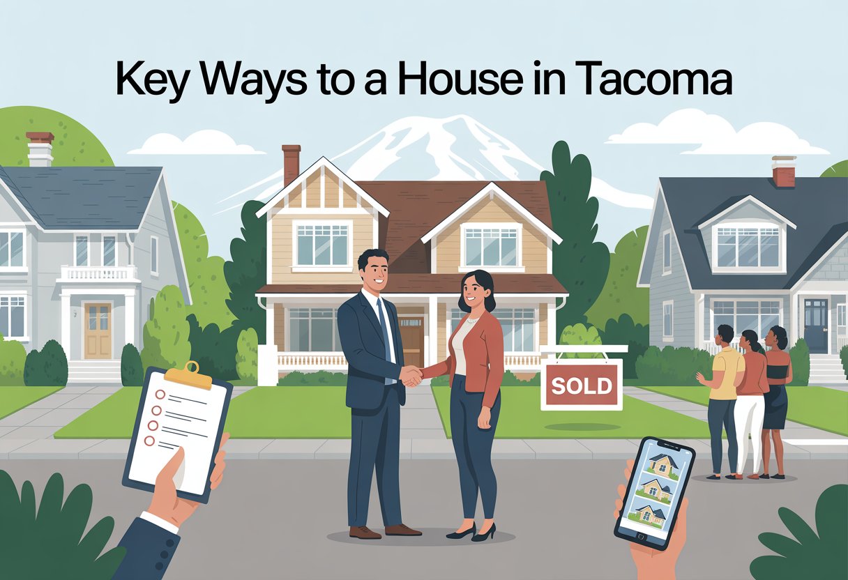 A real estate agent shaking hands with a homeowner in front of a house with a sold sign, set in a Tacoma neighborhood with Mount Rainier in the background.