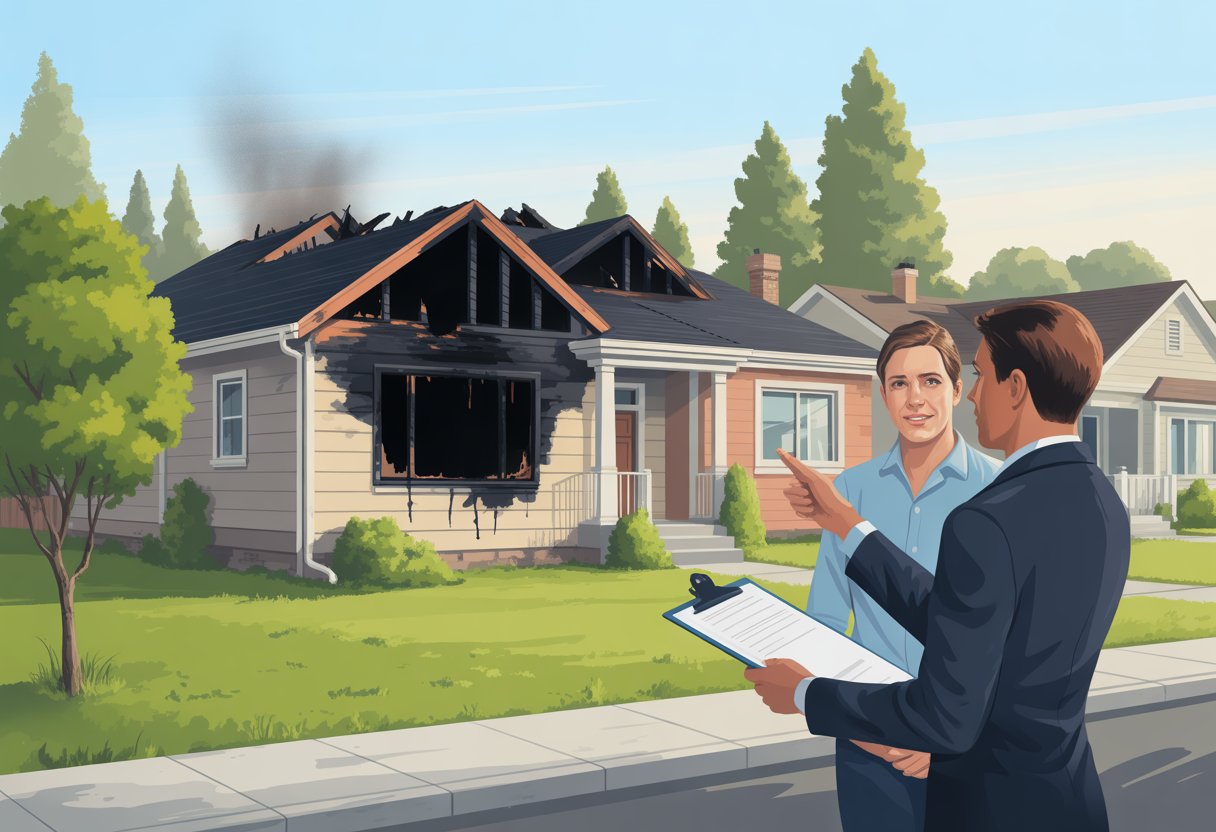 A fire-damaged house in a Tacoma neighborhood with a real estate agent talking to a potential buyer nearby.