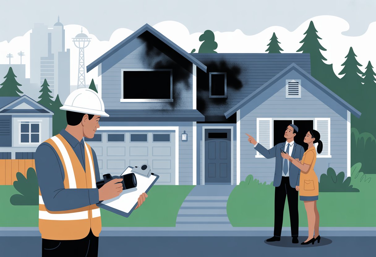A home with fire and smoke damage being inspected by a professional while a real estate agent talks with the homeowner in a Tacoma neighborhood.