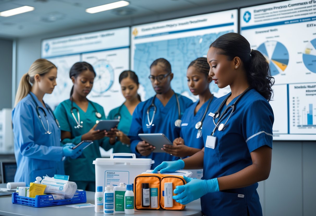 Healthcare professionals and emergency responders organizing medical supplies and reviewing disaster preparedness plans in an emergency operations center.