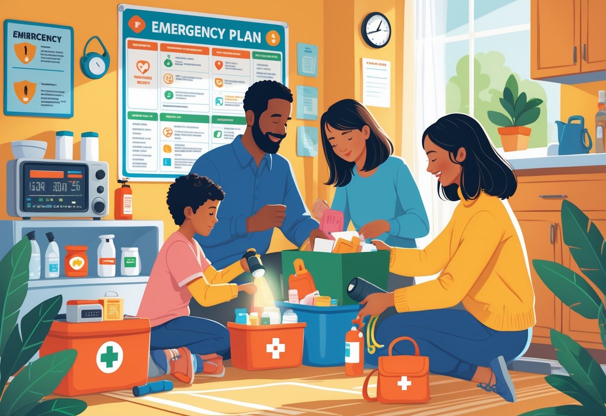 A family with parents and children preparing an emergency kit together in their home, with supplies and a safety plan visible.