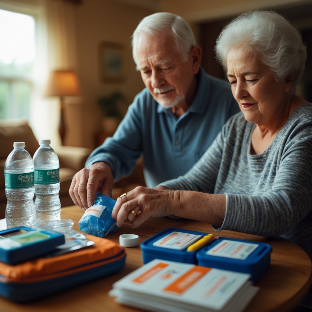 An elderly couple organizing emergency supplies together in a cozy living room.