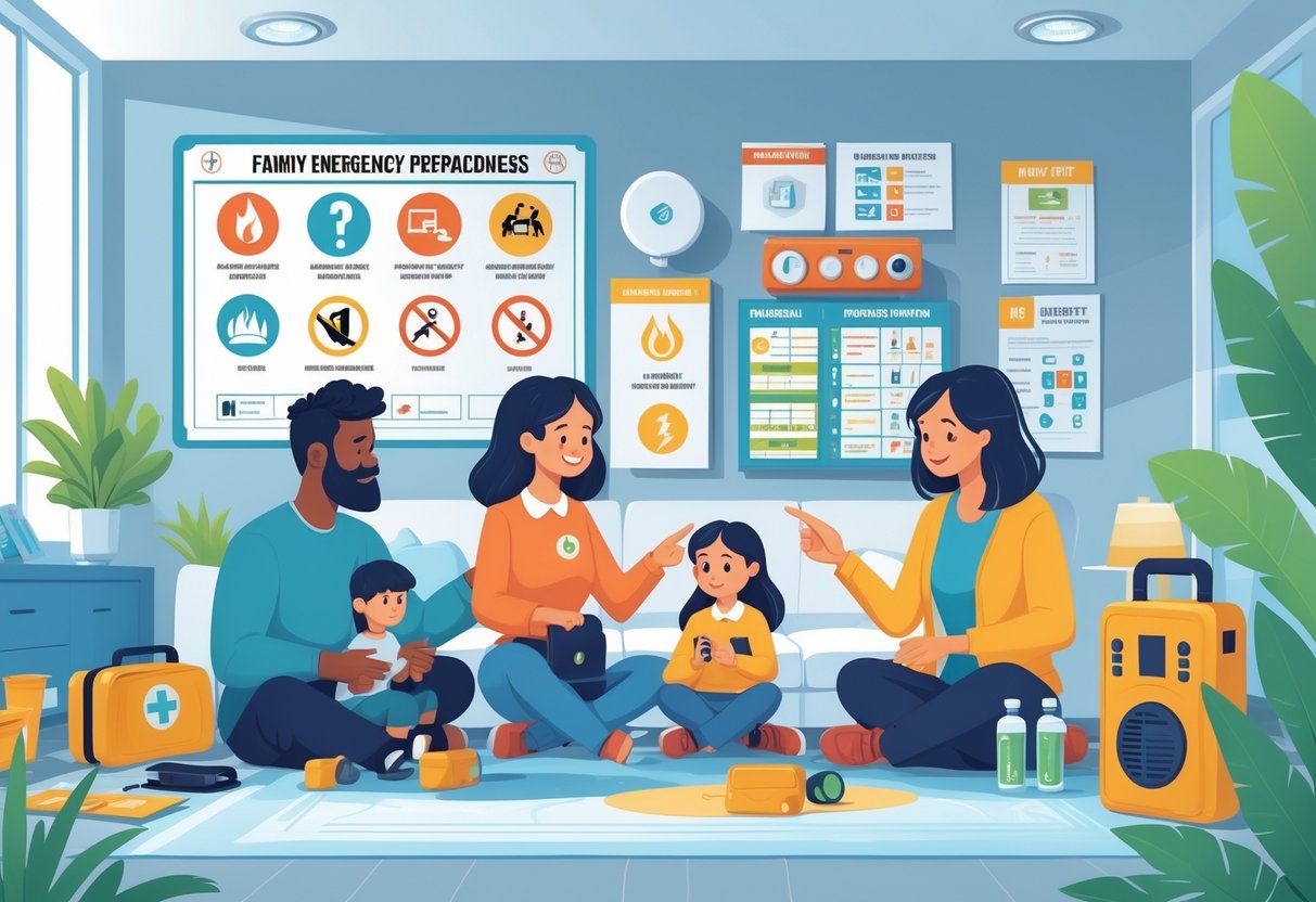 A family of four in their home reviewing an emergency plan with safety supplies and hazard icons displayed nearby.