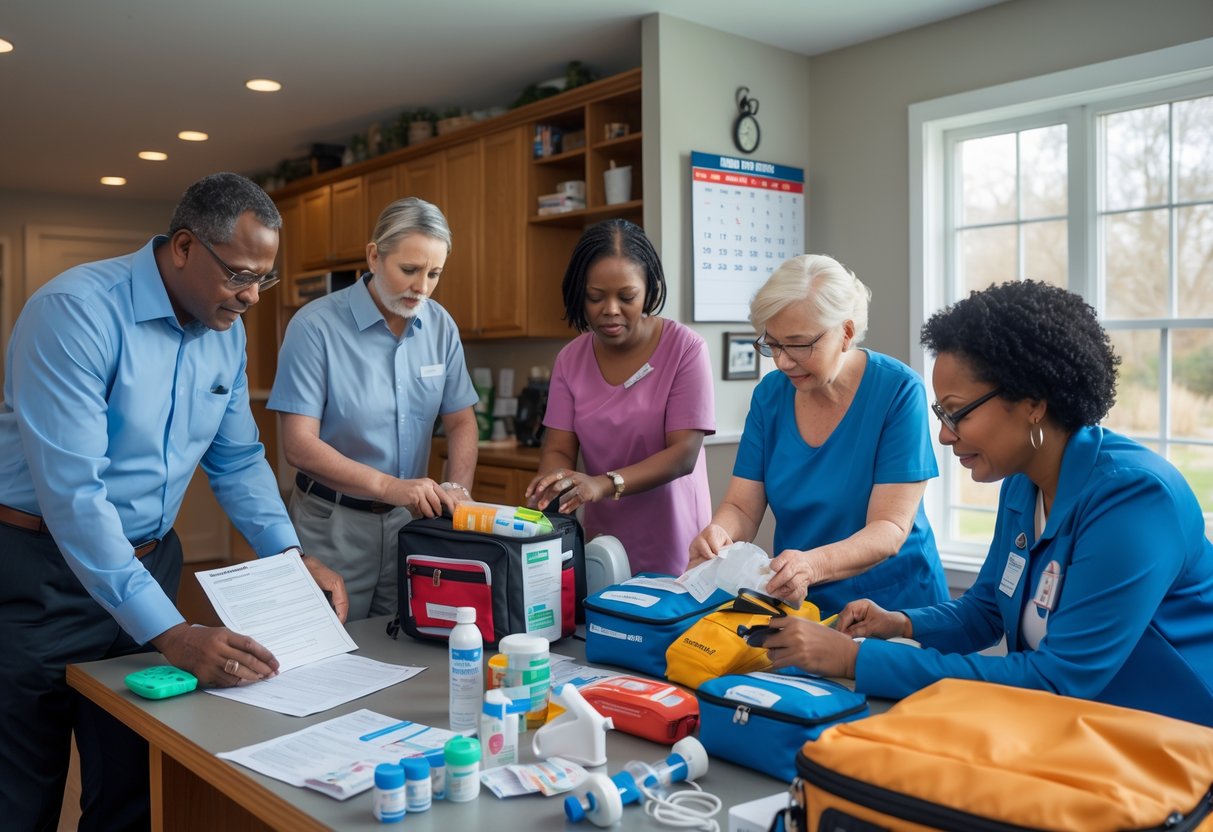 A diverse group of adults with chronic conditions organizing emergency supplies and reviewing a preparedness plan inside a home.