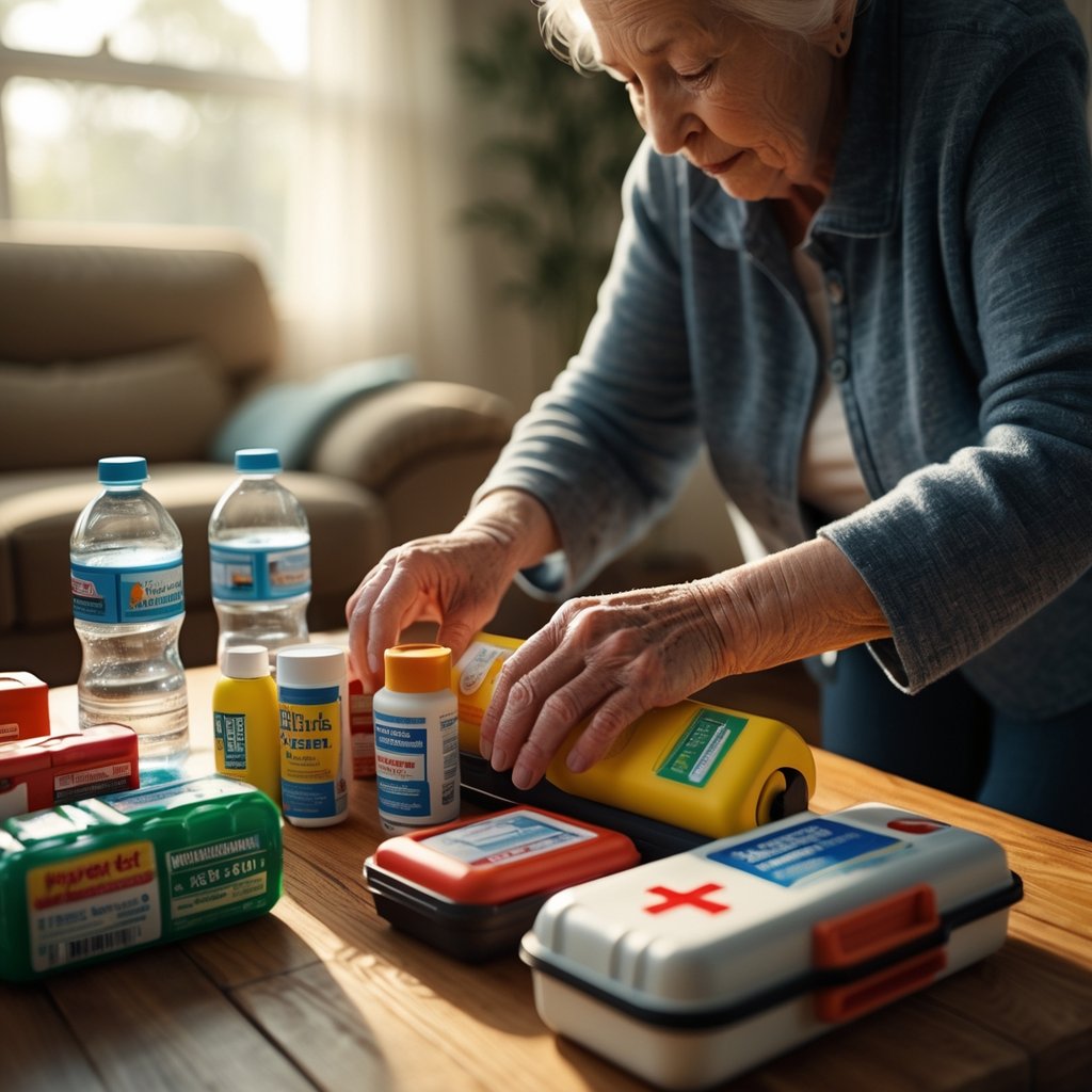 An elderly person organizing emergency supplies like water, medication, and a flashlight on a table in a sunlit living room.