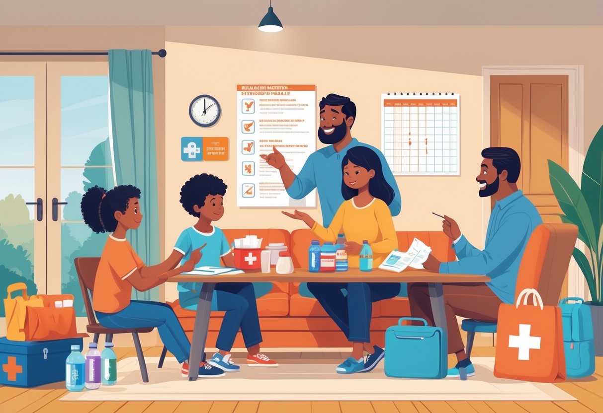 A family with two children gathered around a table organizing emergency supplies and making a preparedness plan in their living room.