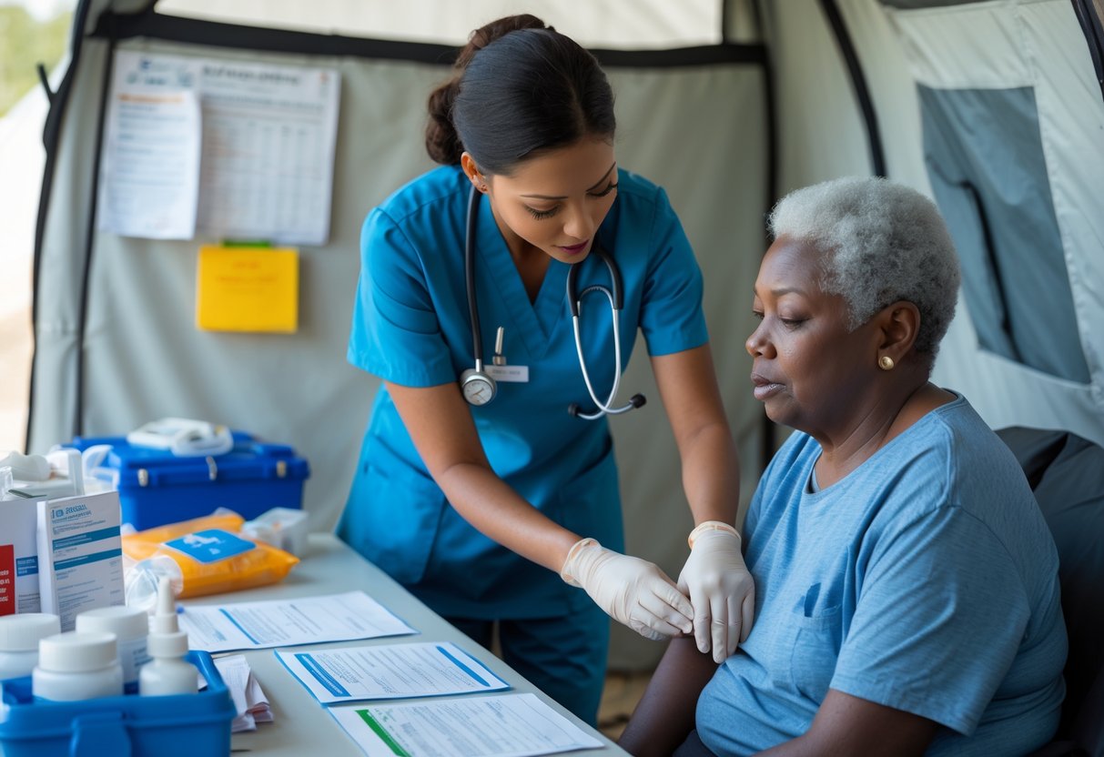 A healthcare worker checking a middle-aged patient's vital signs in a temporary disaster relief clinic with emergency supplies visible.