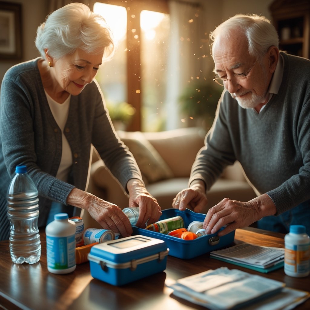An elderly couple organizing emergency supplies together in a sunlit living room, surrounded by water bottles, medications, and flashlights.