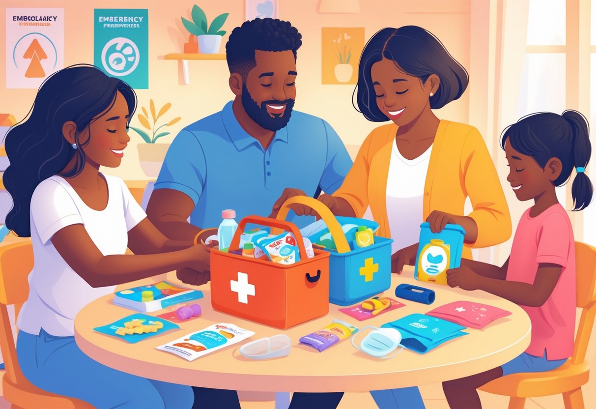 A family with two children packing a child-focused emergency kit together at home.