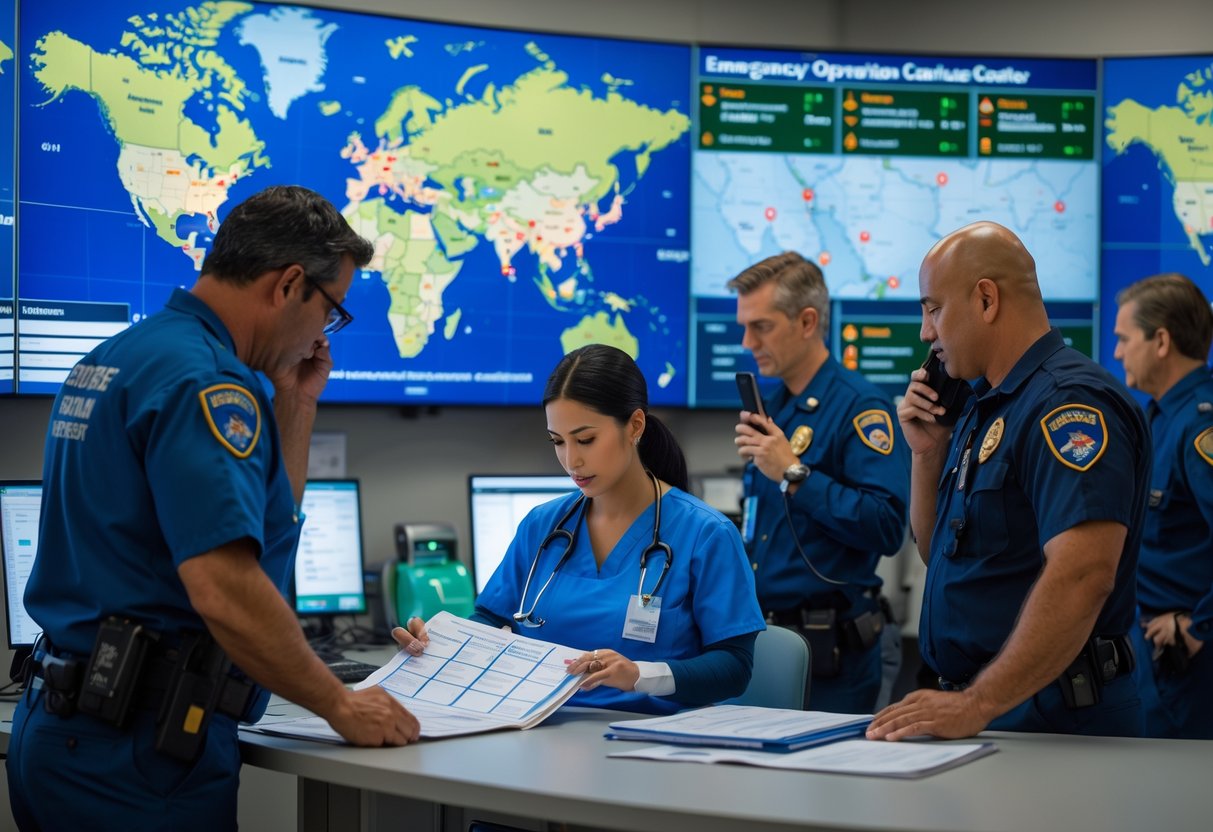 Emergency responders and healthcare professionals working together in an emergency operations center with digital maps and medical charts.