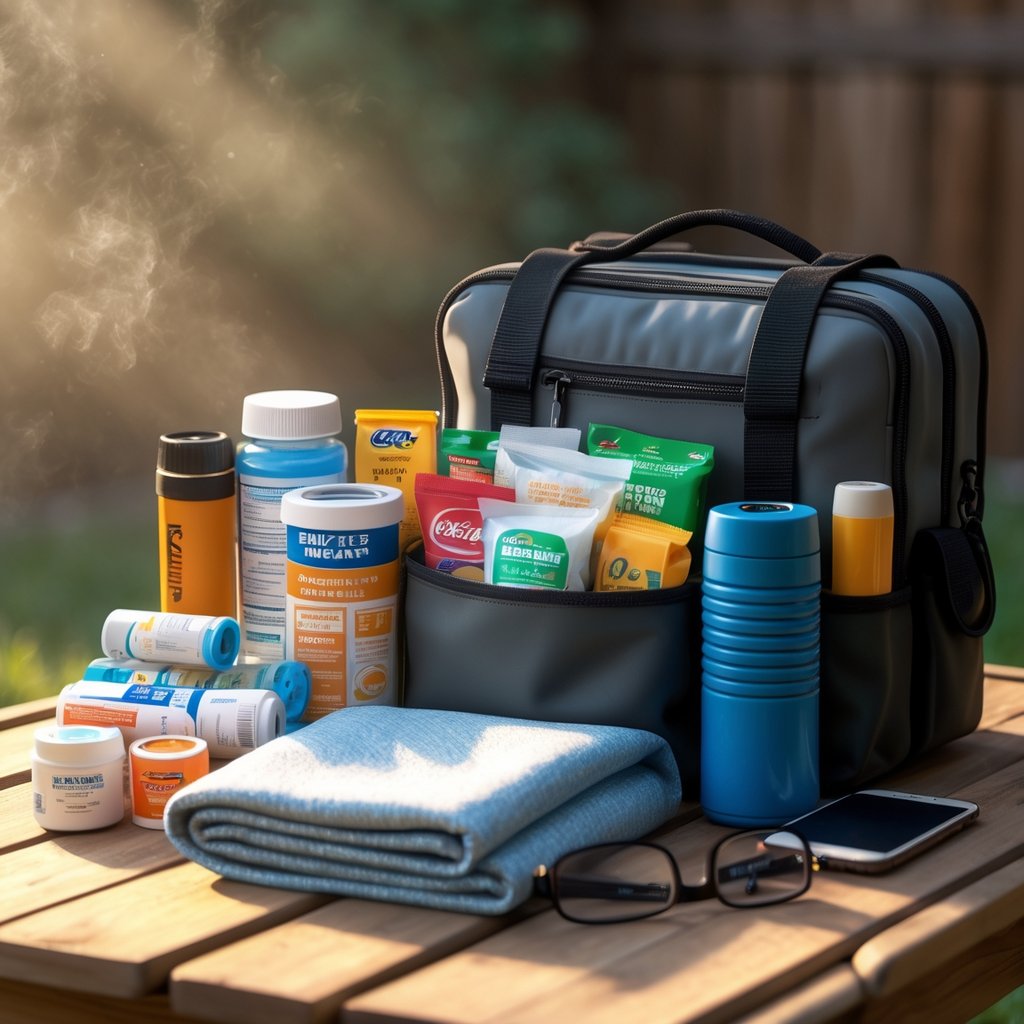 A detailed emergency kit for seniors on a wooden table, including medications, flashlight, water bottle, snacks, first aid supplies, emergency blanket, important documents, eyeglasses, and a phone charger.