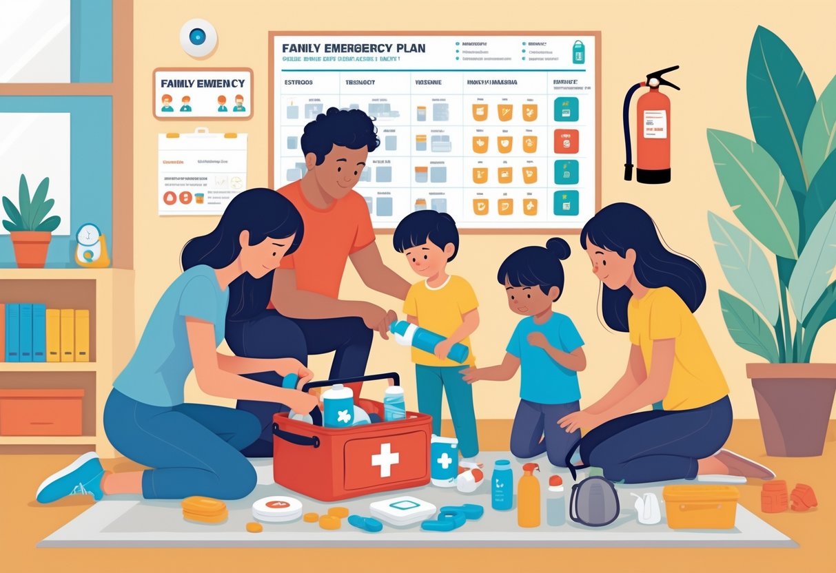 A family with children preparing emergency supplies and reviewing a safety plan together in their home.