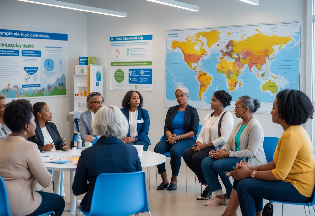 A group of diverse adults attending a supportive workshop on mental health and disaster preparedness in a bright community center.